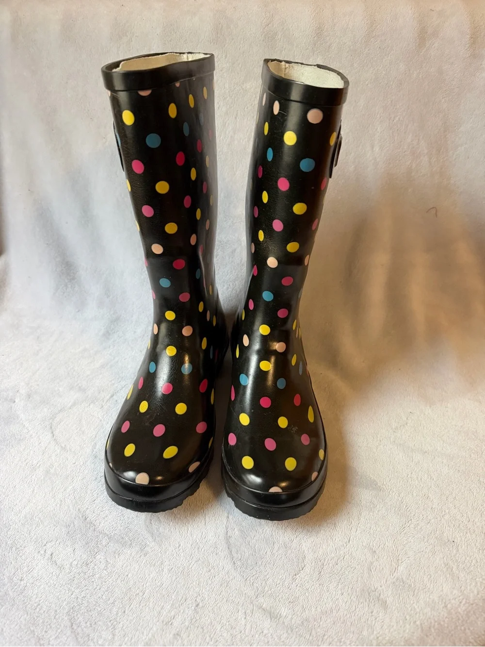 Norty Rain Boots Women Size 8 Black Like New Polka Dot Waterproof Colorful